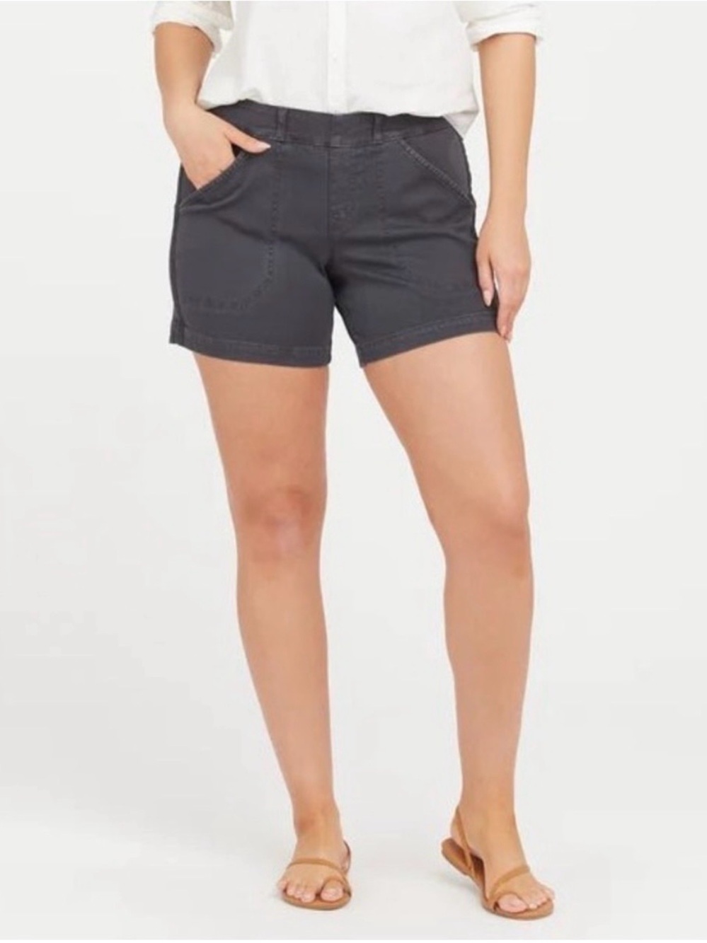 SPANX Women's Sz L 6” Twill Shorts Charcoal Gray Stretch Shapewear Smoothing